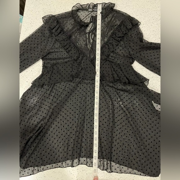Zara Black Dotted Mesh Dress with Ruffles | Small - Picture 10 of 10